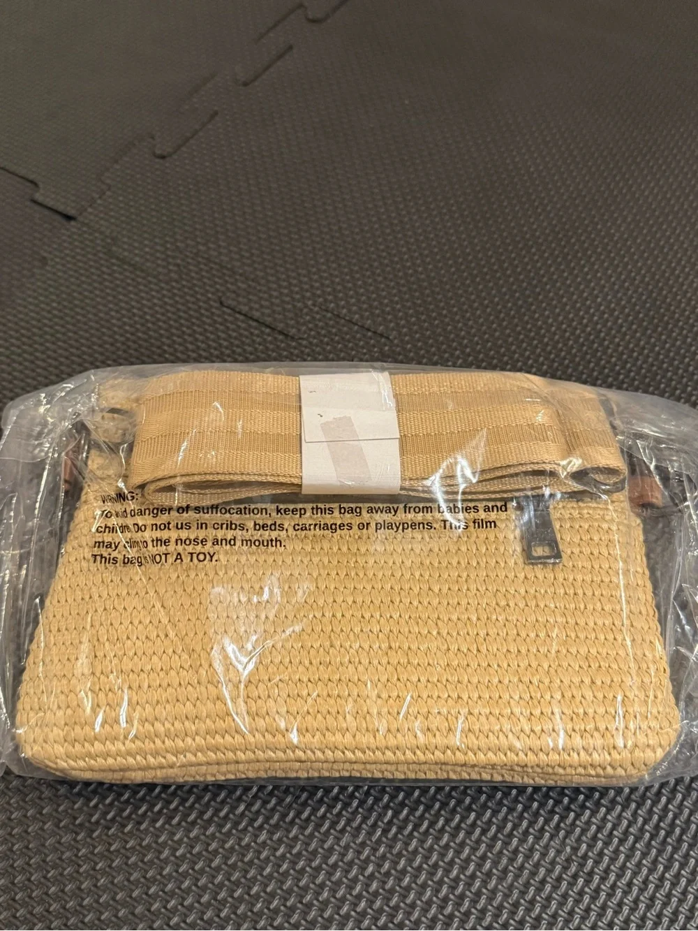 THINK ROYLN Dune Raffia Pouch with Black Logo and Brown Trim